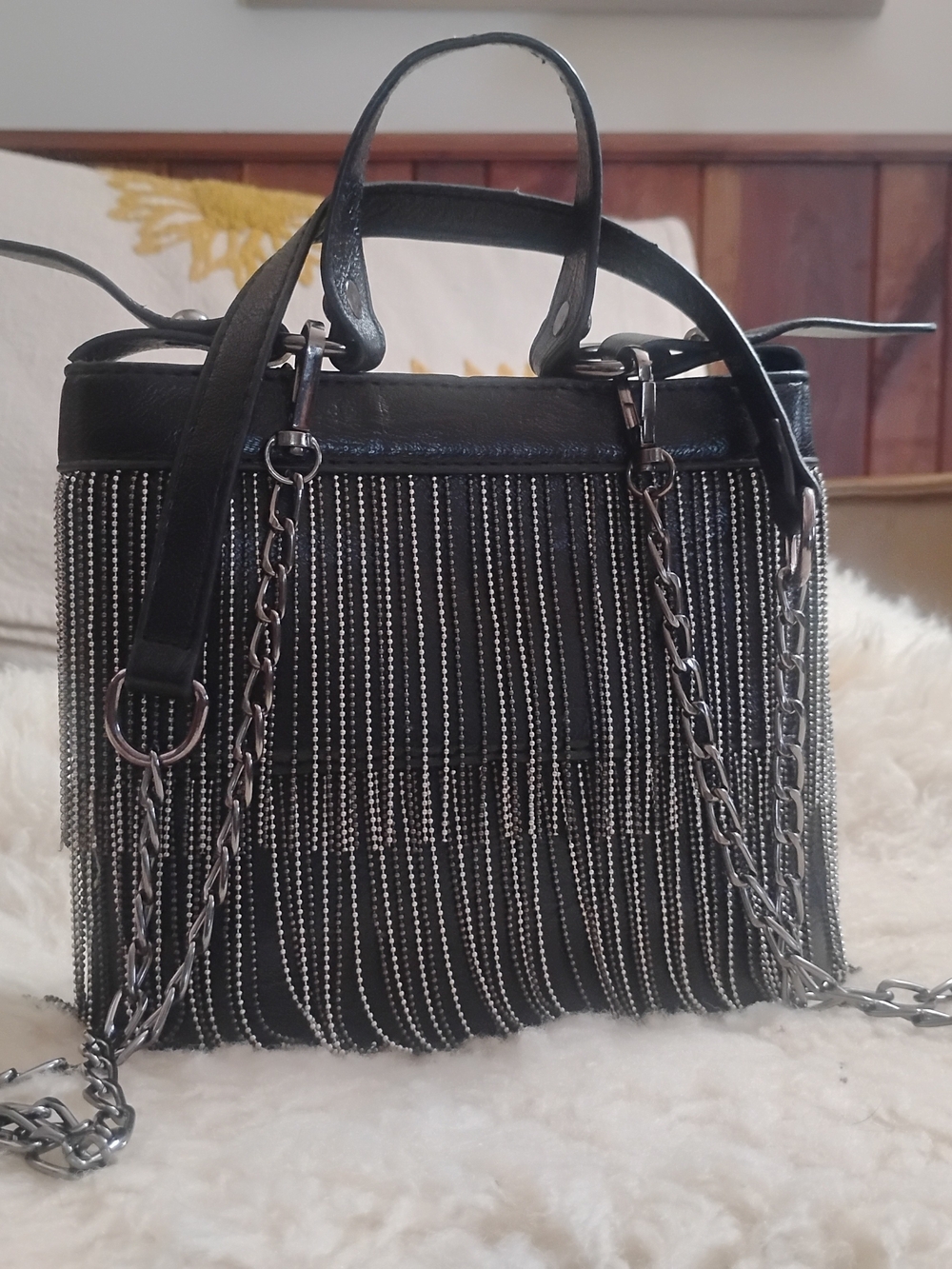Black Fringe Chain Satchel Handbag